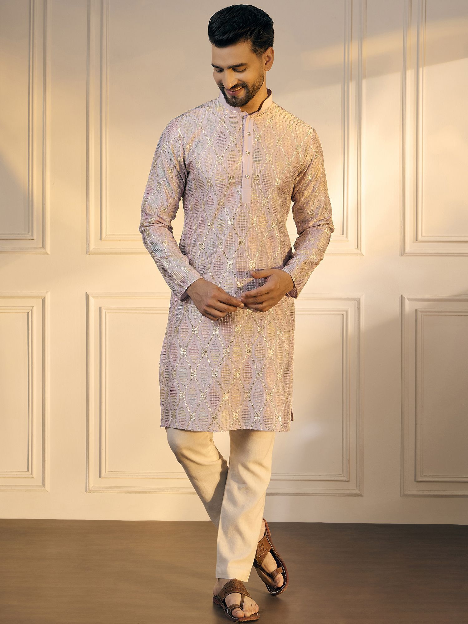 Anouk Pink Geometric Embroidered Gotta Patti  Cotton Straight Kurta