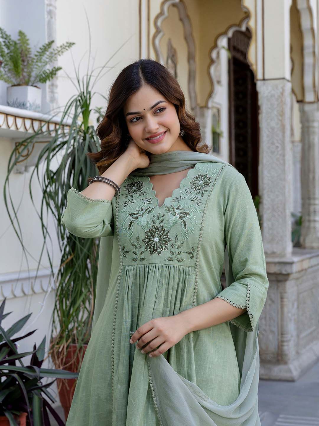 Anouk Floral Yoke Design V-Neck Empire Aari Work Pure Cotton Kurta with Pyjamas & Dupatta