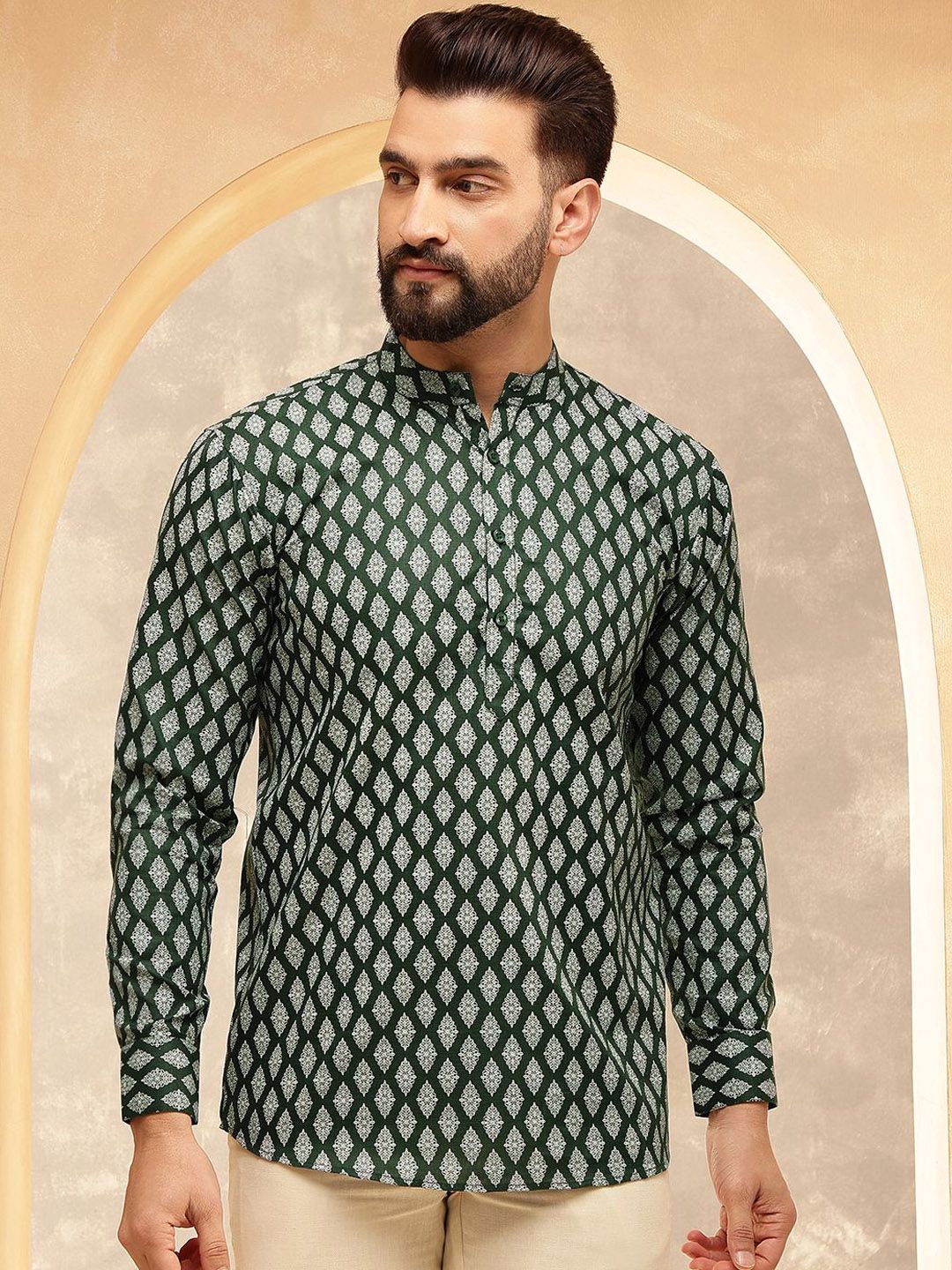 Anouk Green Ethnic Motifs Printed Band Collar Short Kurta