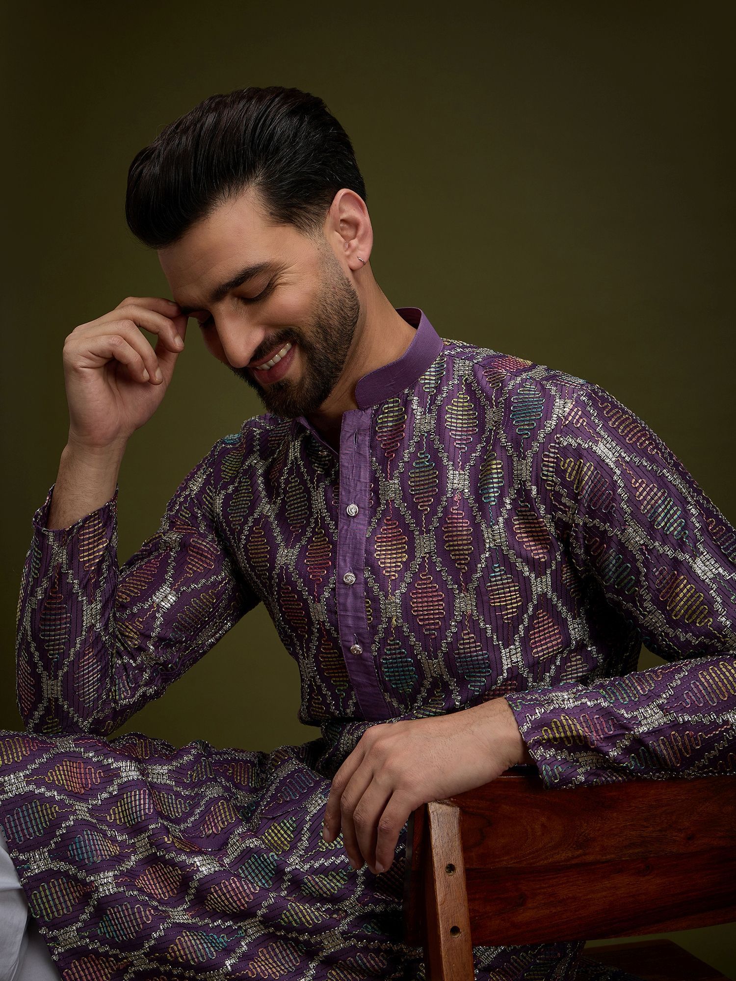 Anouk Purple Geometric Embroidered Gotta Patti Mandarin Collar Pure Cotton Straight Kurta