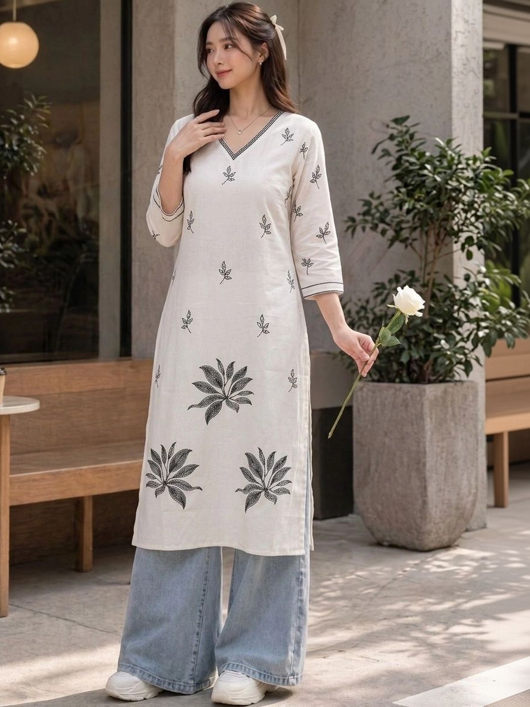 HOUSE OF AXI Botanical Embroidered V-Neck Pure Cotton Kurti