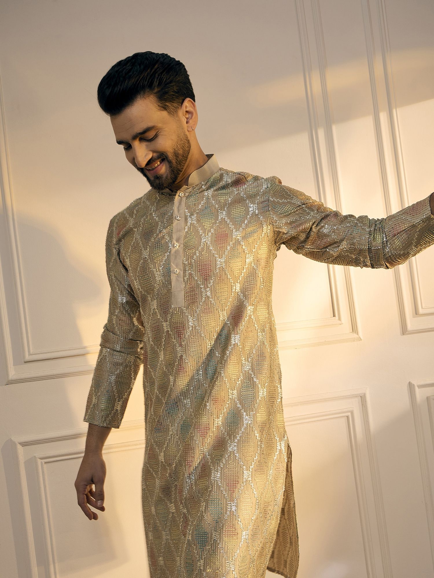 Anouk Brown Chevron Embroidered Gotta Patti Mandarin Collar Cotton Straight Kurta