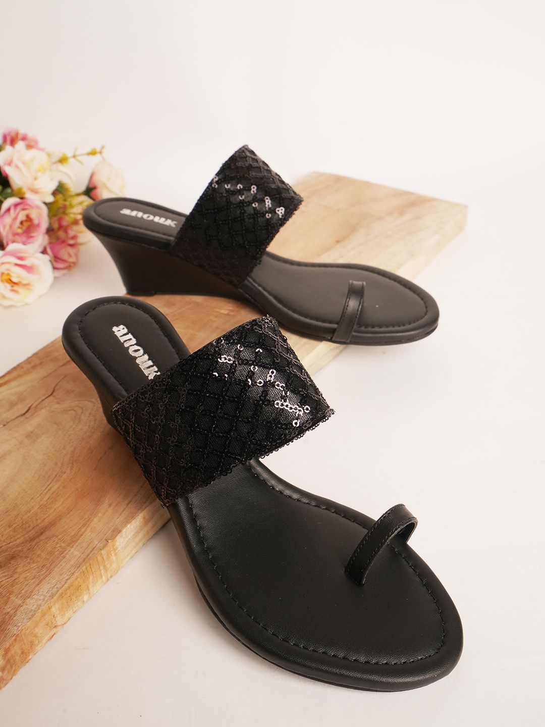 Anouk Black Ethnic Embellished One Toe Wedges