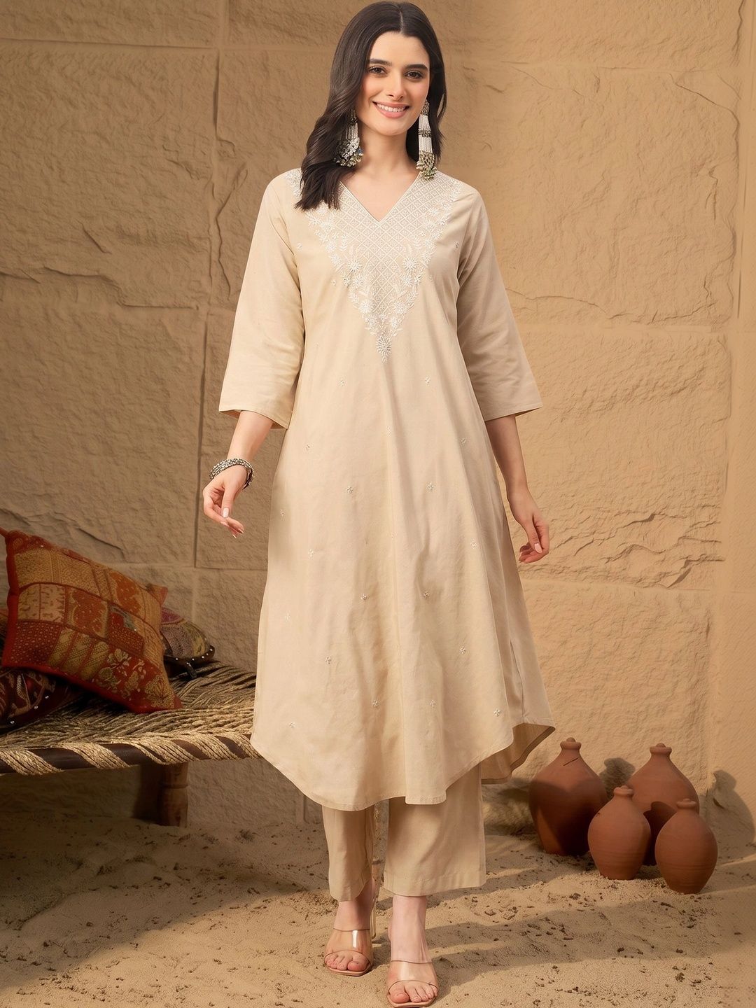 SOURAGYA SOURAGYA Women Ethnic Motifs Embroidered Regular Thread Work Pure Cotton Kurta with Palazzos