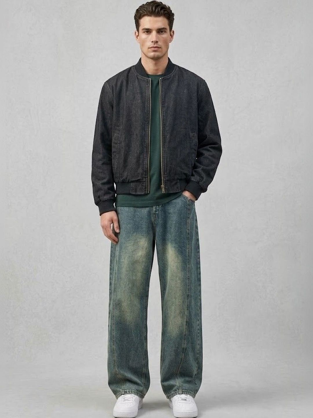 Niffar Fashion Men Wide Leg Mid-Rise Light Fade Jeans