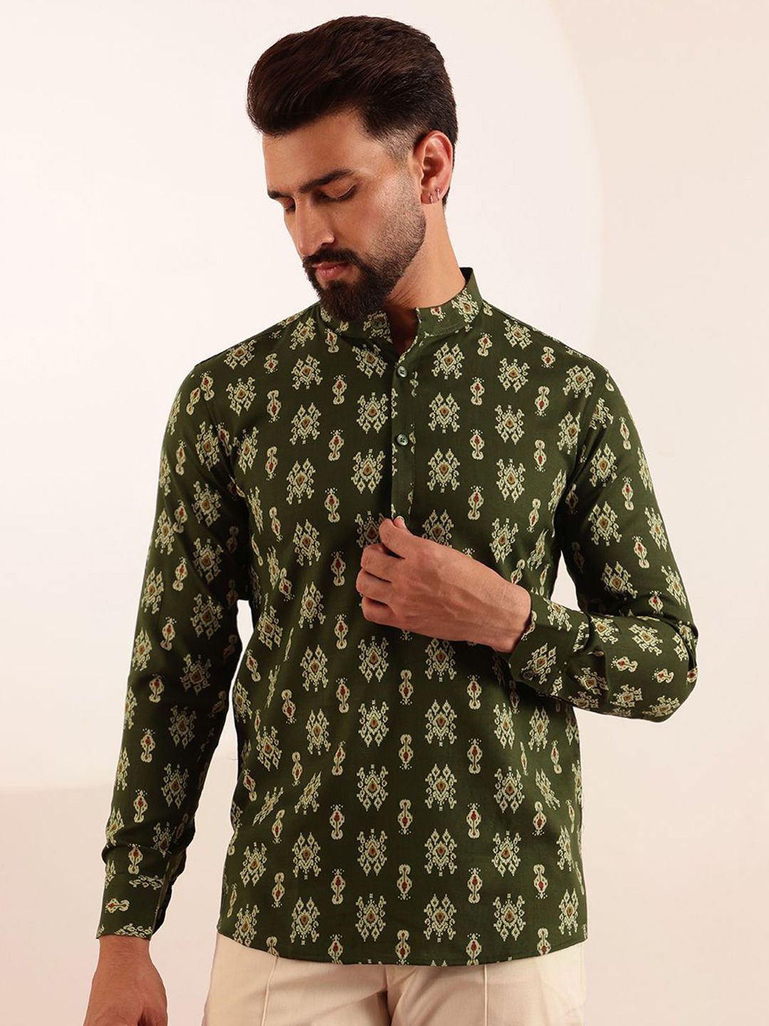 Anouk Men Ethnic Motifs Ikat Printed Mandarin Collar Short Kurta