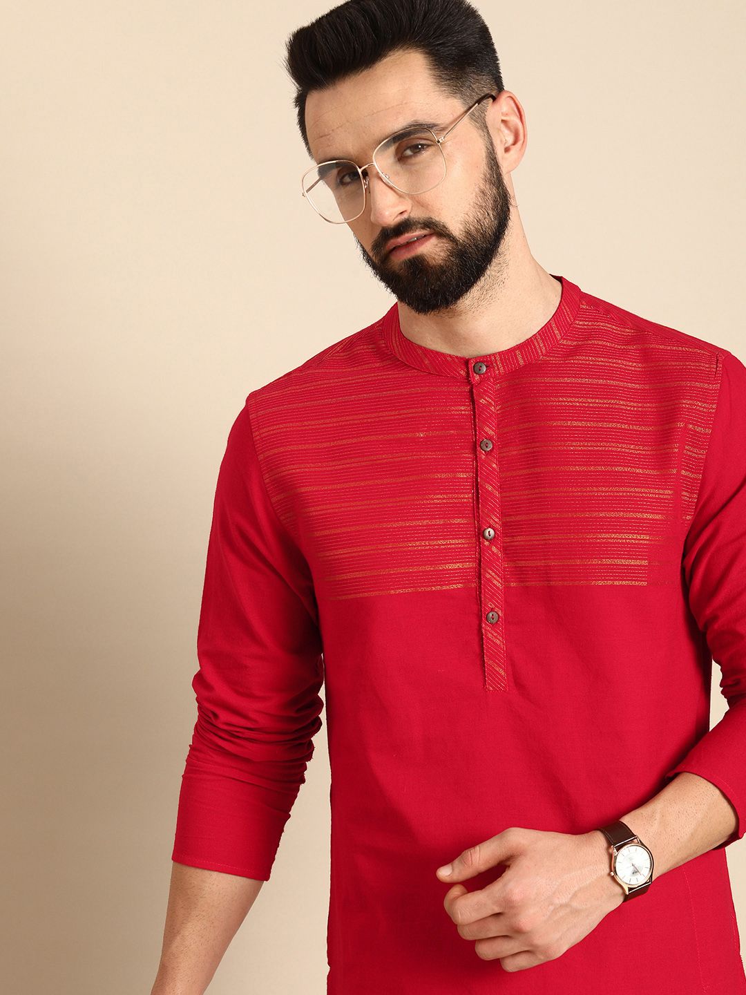 Anouk Anouk Men Red Striped  Cotton Kurta