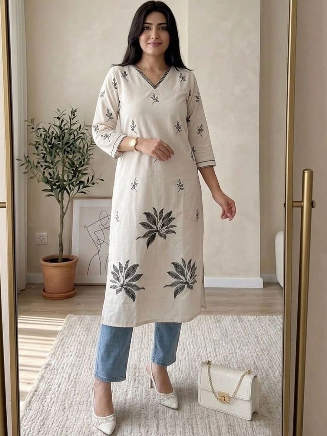 HOUSE OF AXI Botanical Printed V-Neck Pure Cotton Kurti