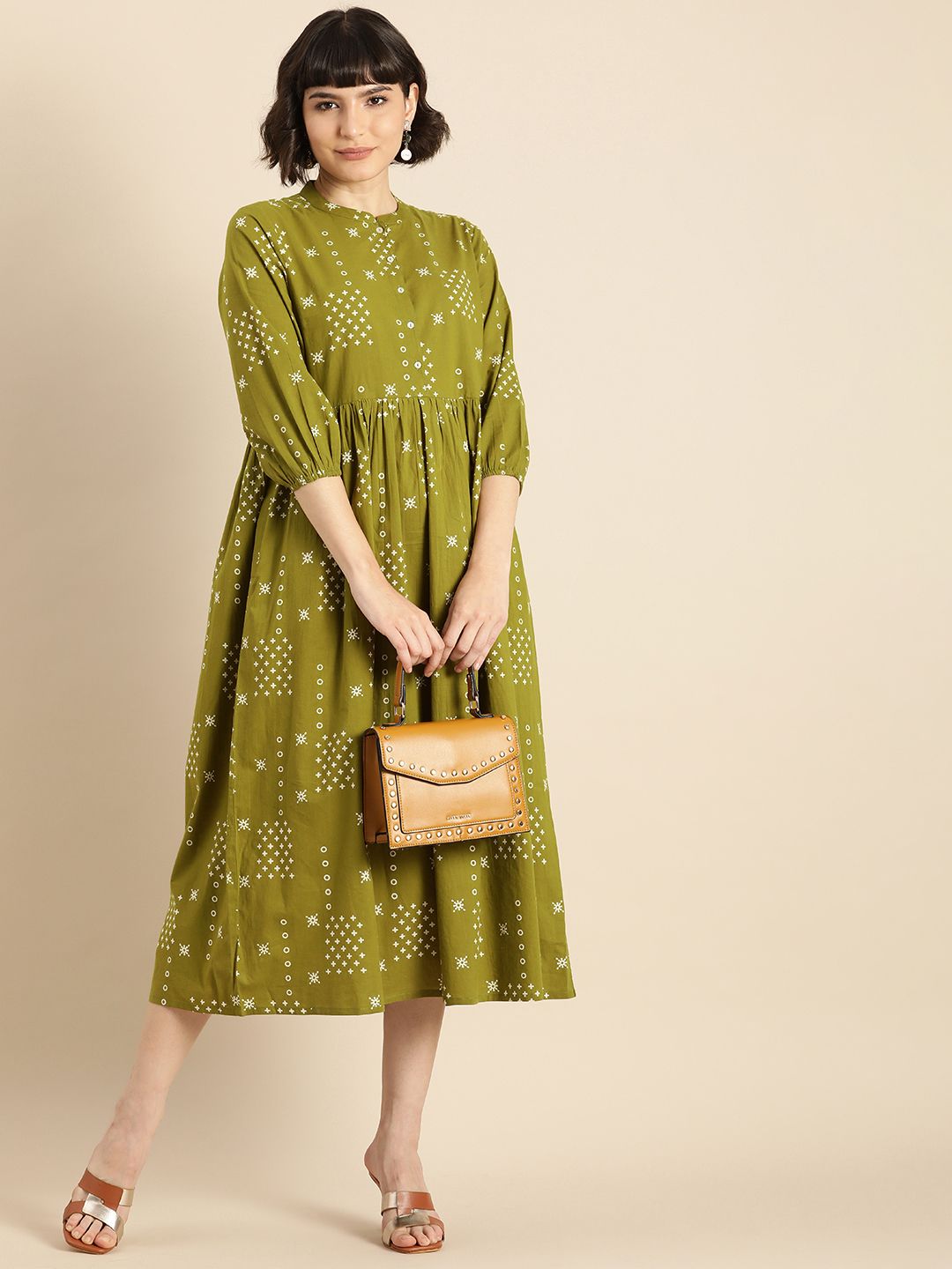 Anouk Women Green & White Printed Ethnic A-Line Midi Dress