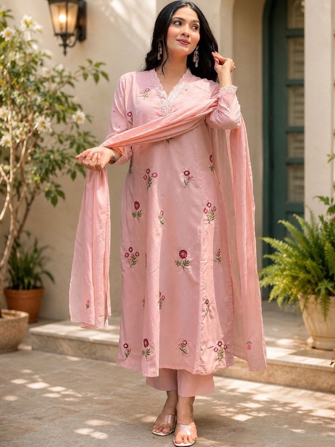 ANITYA Women Floral Embroidered Regular Thread Work Chanderi Cotton Kurta with Trousers & With Dupatta