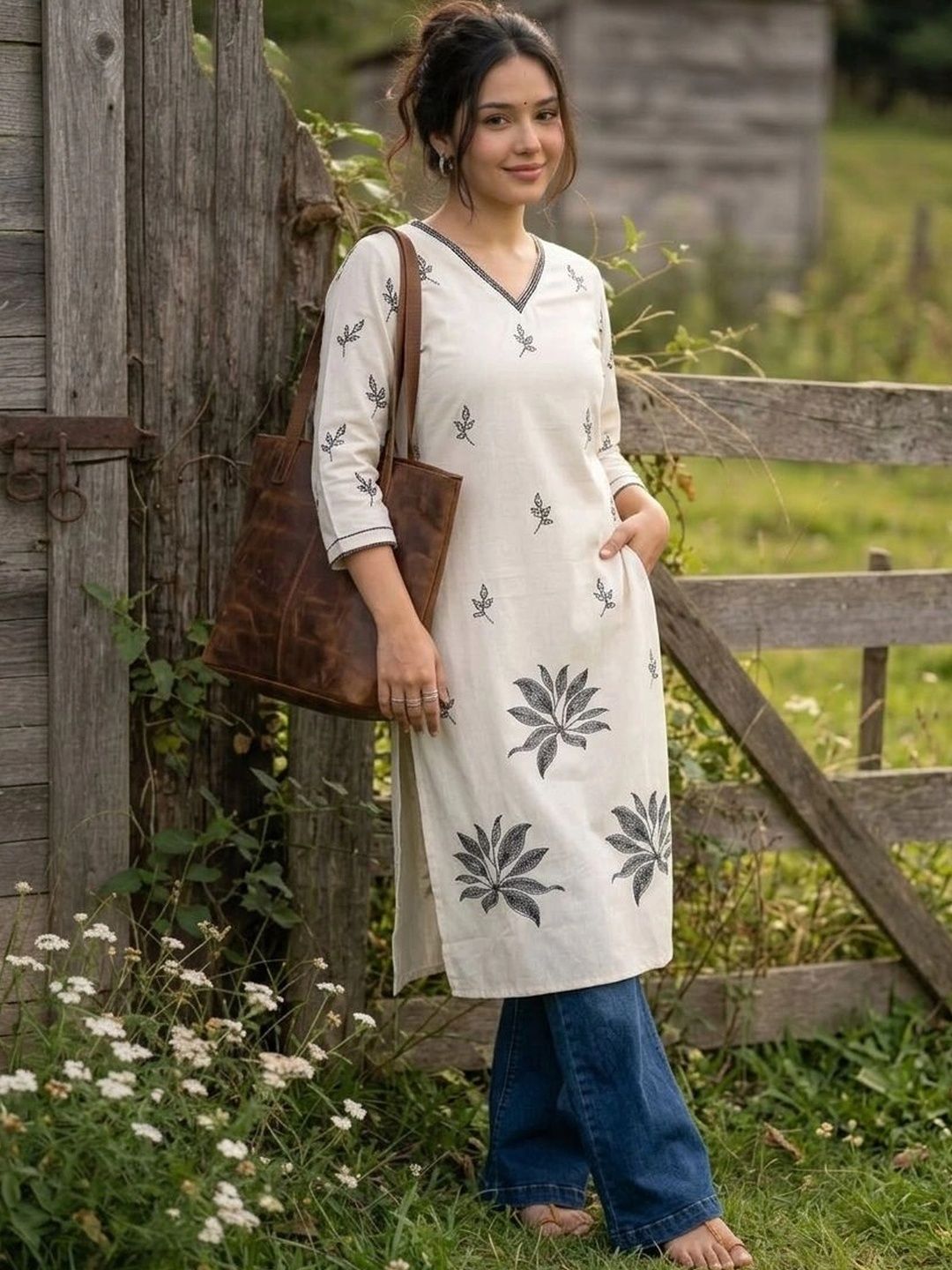 AXI COUTURE Botanical Printed V-Neck Pure Cotton Kurti