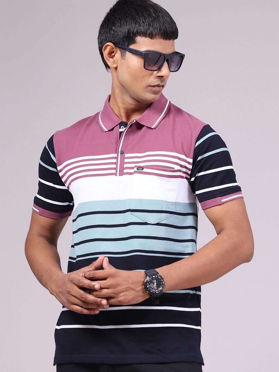 V-Mart Men Striped Polo Collar Pockets Slim Fit T-shirt