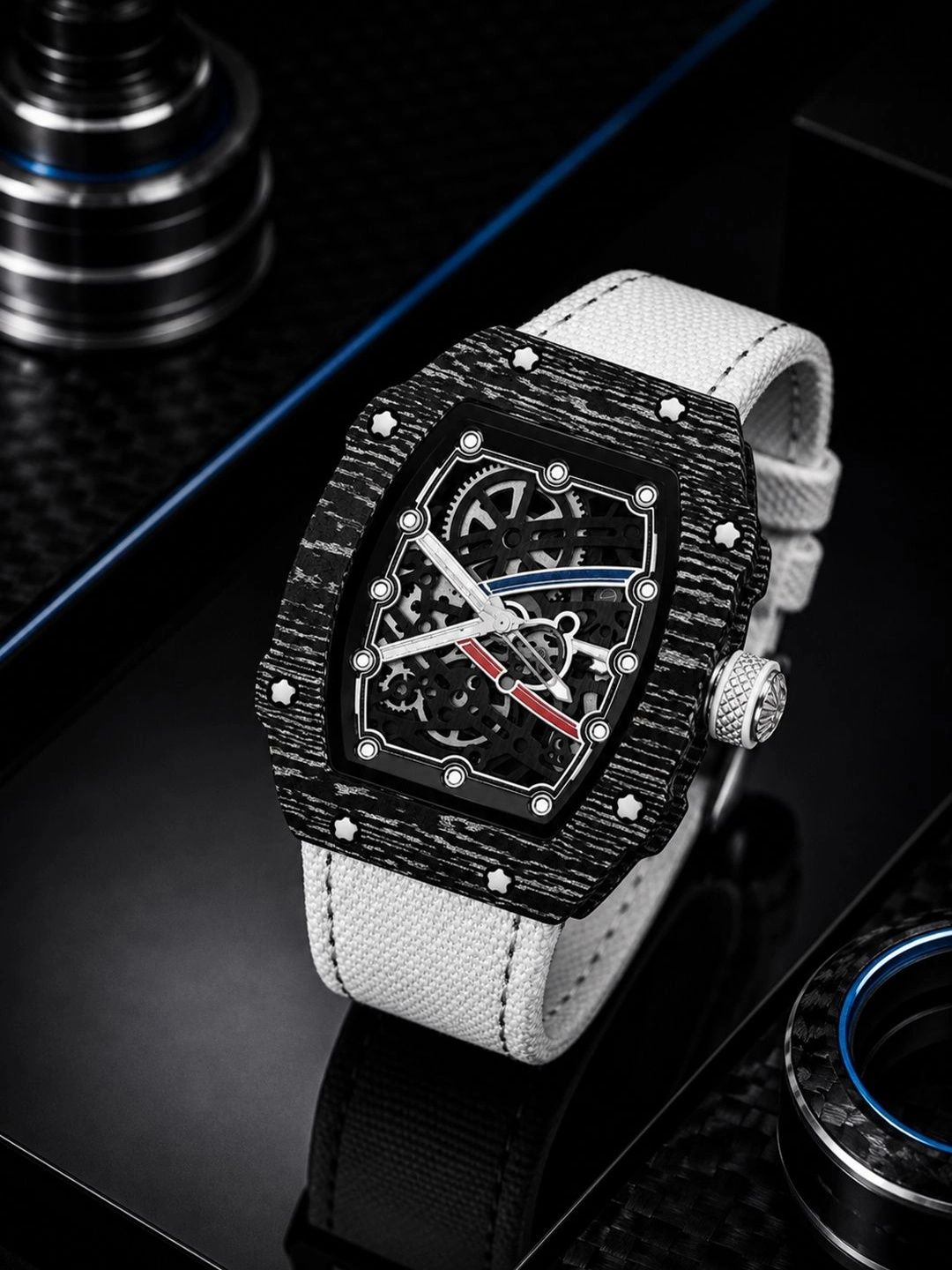 ZIVANCHE ZIVANCHE Men Skeleton Dial & Straps Analogue Chronograph Automatic Motion Powered Watch Titanium-Nyln-White