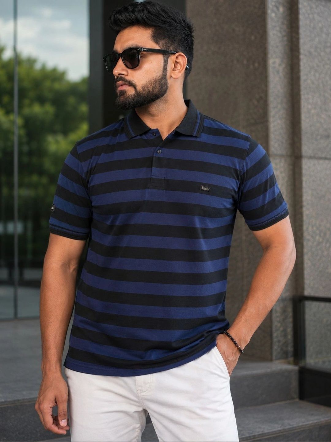 OZONECO Men Striped Polo Collar T-shirt