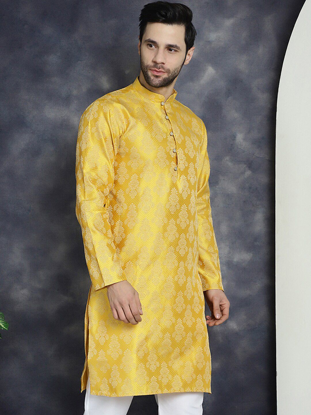 Anouk Yellow Ethnic Motifs Woven Design Jacquard Straight Kurta