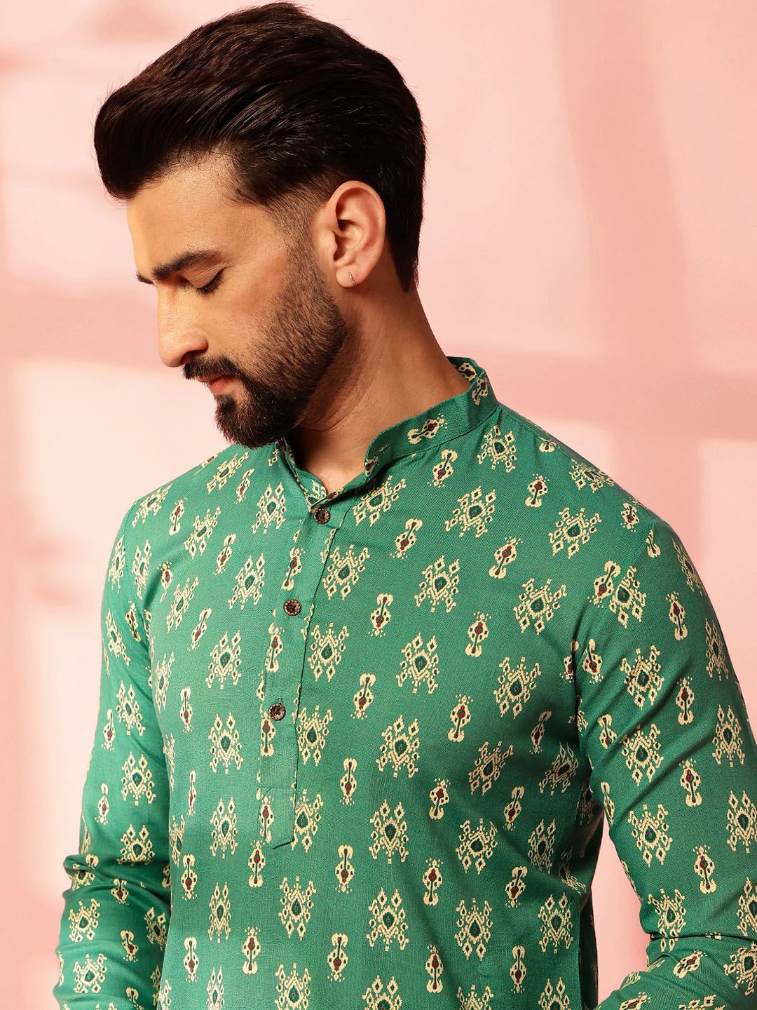 Anouk Ethnic Motifs Printed Band Collar Ikat Technique Straight Cotton Linen Kurta