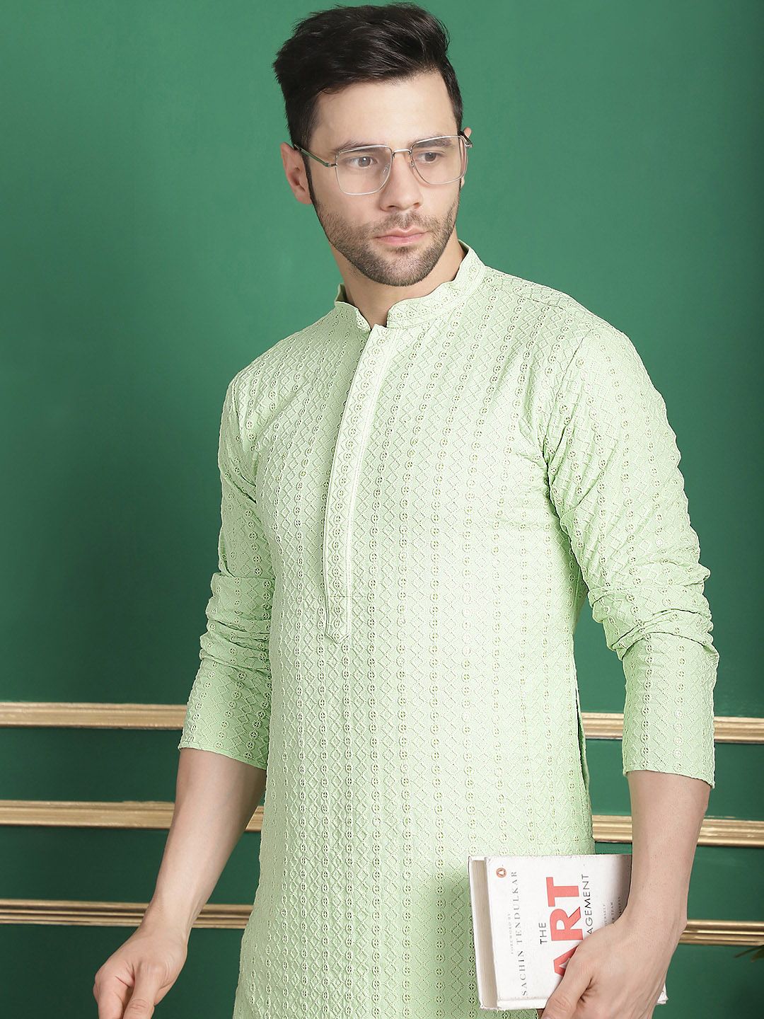 Anouk Checked Mandarin Collar Long Sleeves Thread Work Kurta