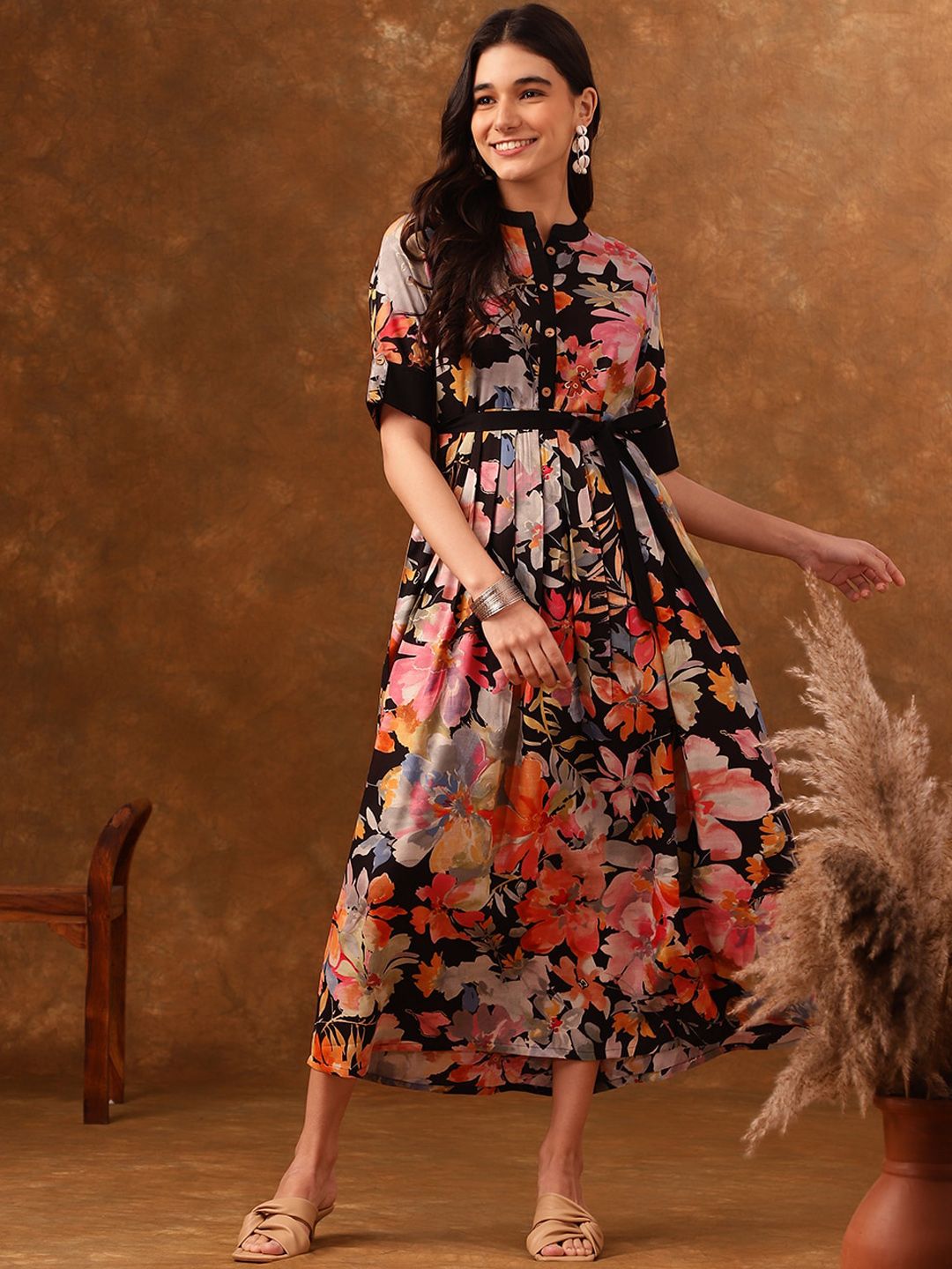 Anouk Anouk Floral Printed Roll-Up Sleeves Belted Pleated Fit & Flare Dress
