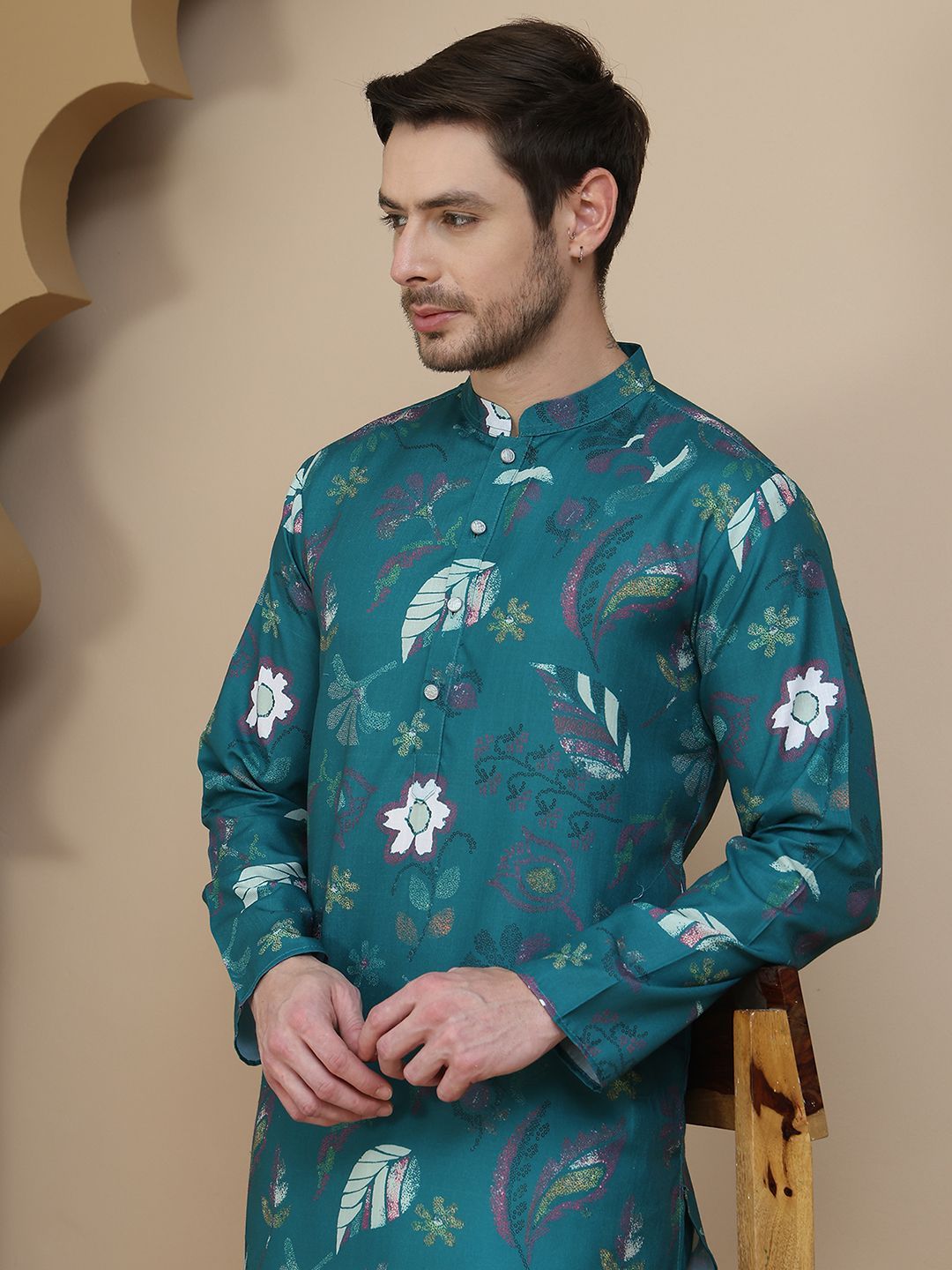 Anouk Men Floral Printed Thread Work Floral Cotton Kurta