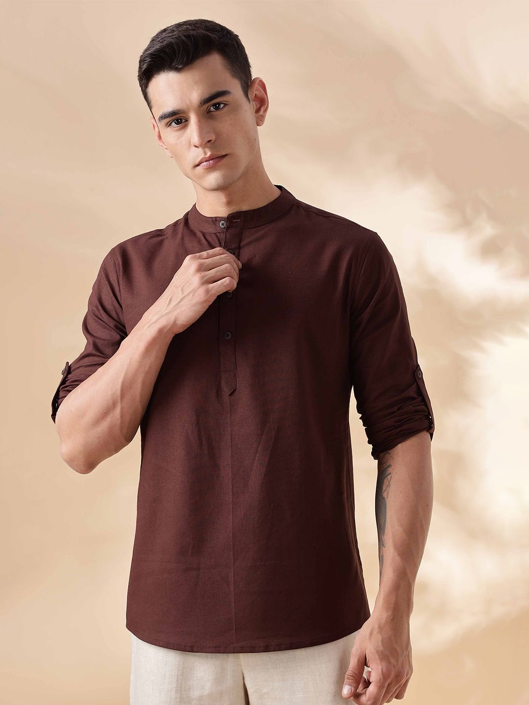 Anouk Men Mandarin Collar Roll-Up Sleeves Cotton Straight Short Kurta