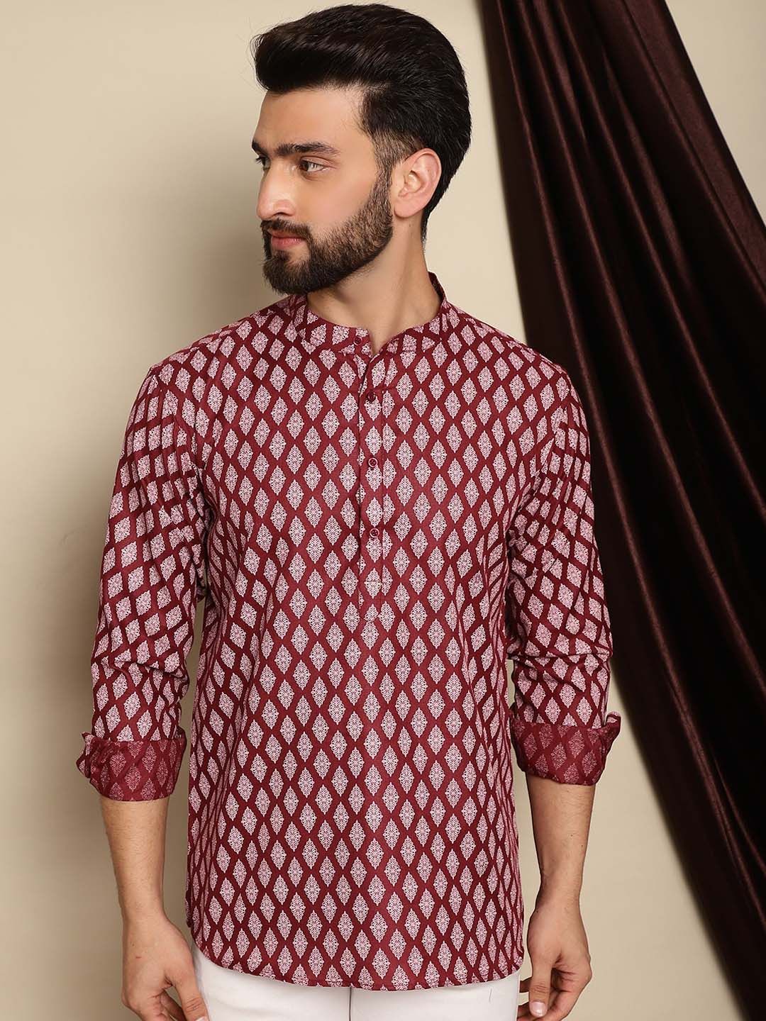 Anouk Maroon Ethnic Motifs Printed Cotton Linen Short Kurta