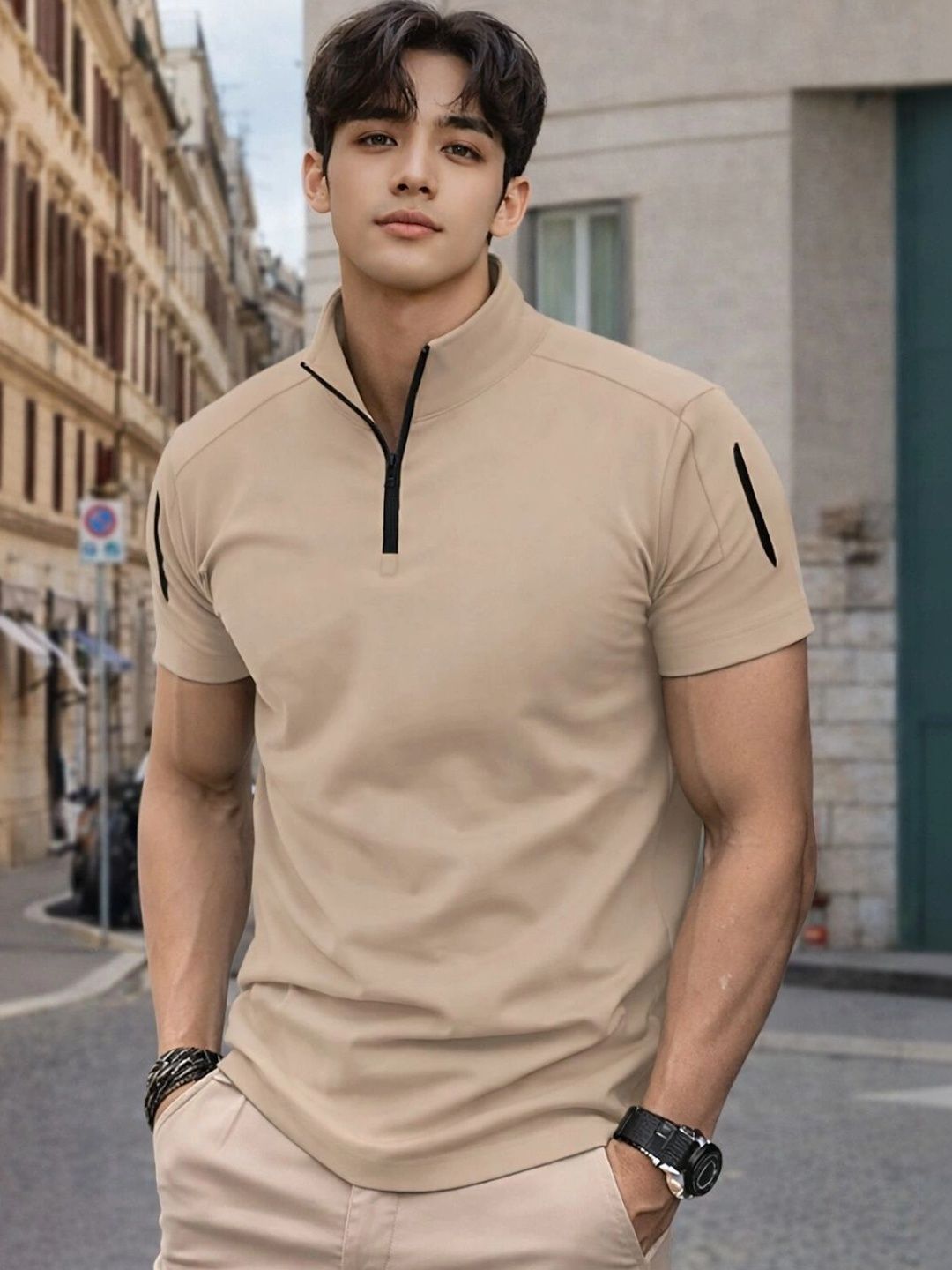 FLEXOTIC Men Mandarin Collar Pockets T-shirt