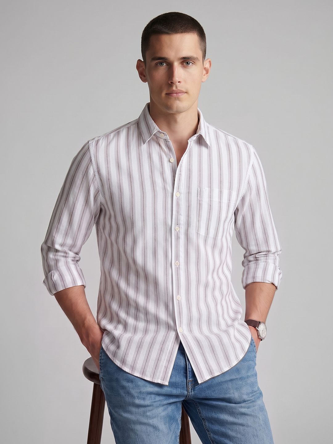 Van Heusen Van Heusen Slim Fit Vertical Striped Pure Cotton Casual Shirt