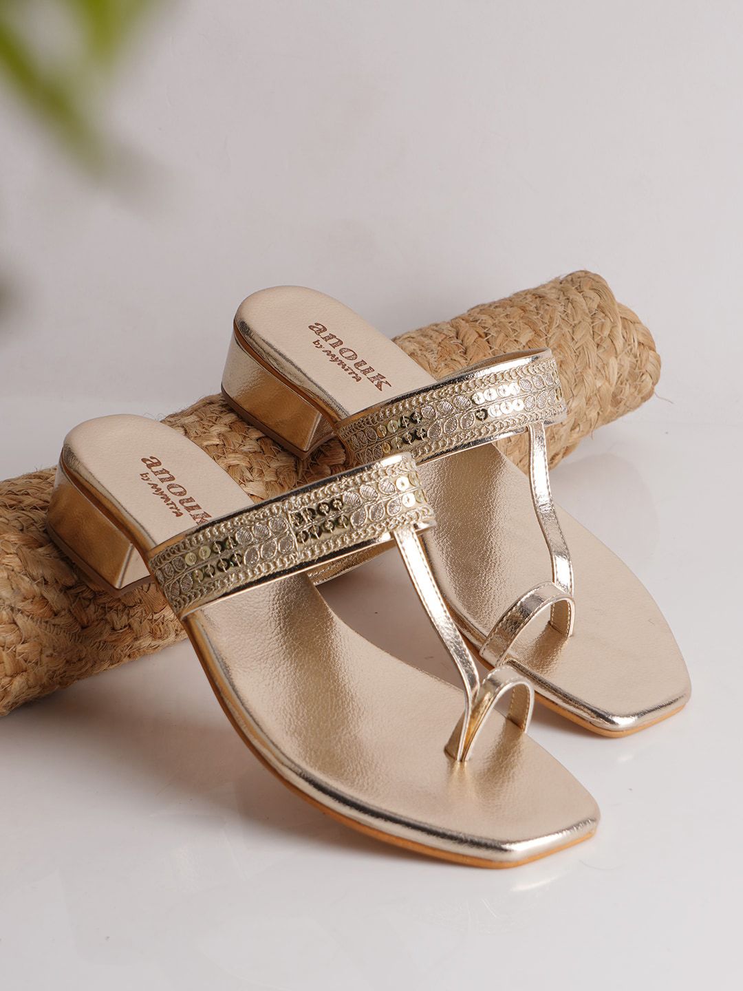 Anouk Gold-Toned Embroidered One Toe Block Heels