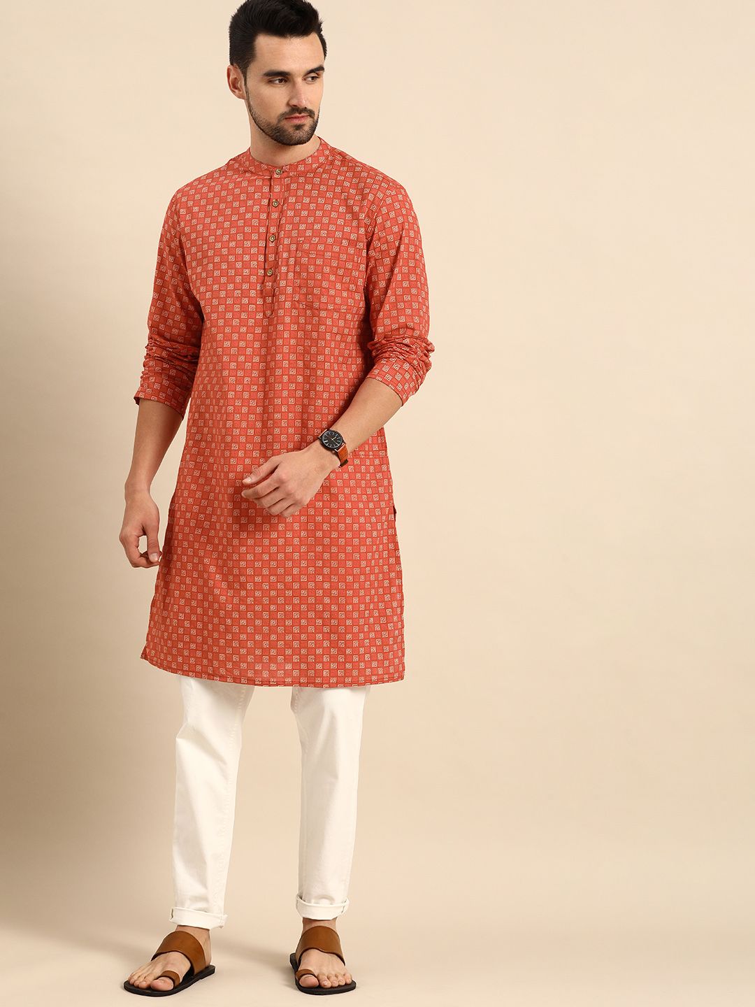 Anouk Men Rust Orange & Off White Geometric Printed  Cotton Kurta