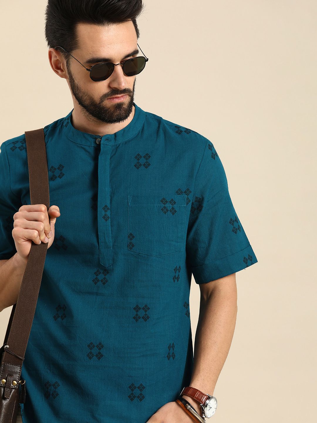 Anouk Men Blue & Black Geometric Printed Short Kurta