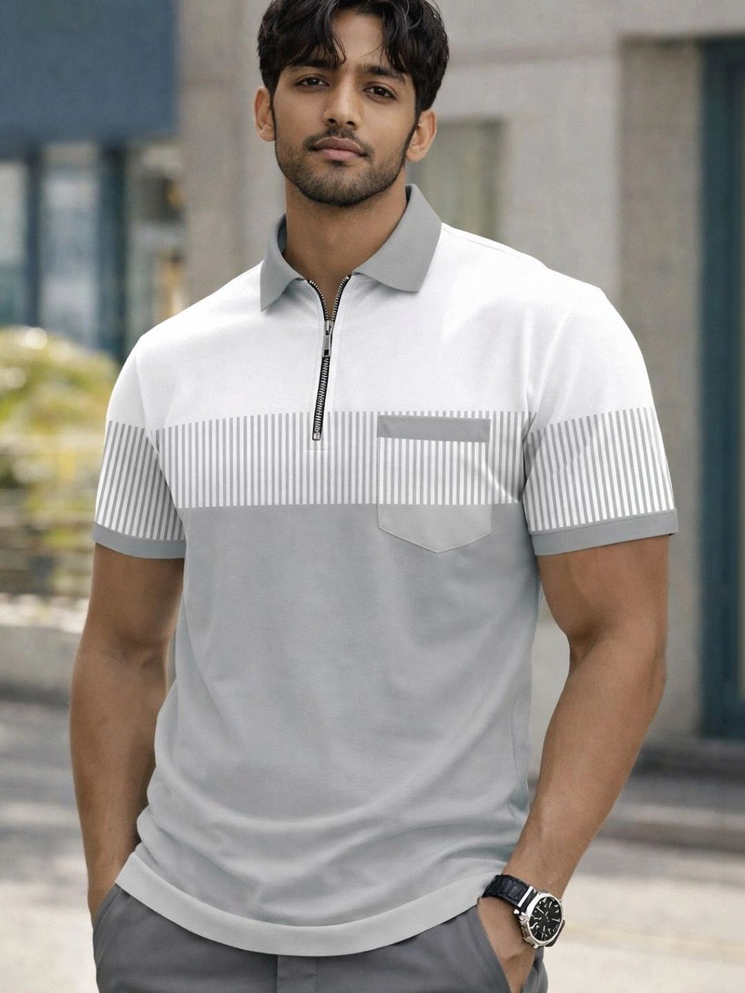 FLEXOTIC Men Colourblocked Polo Collar Pockets T-shirt