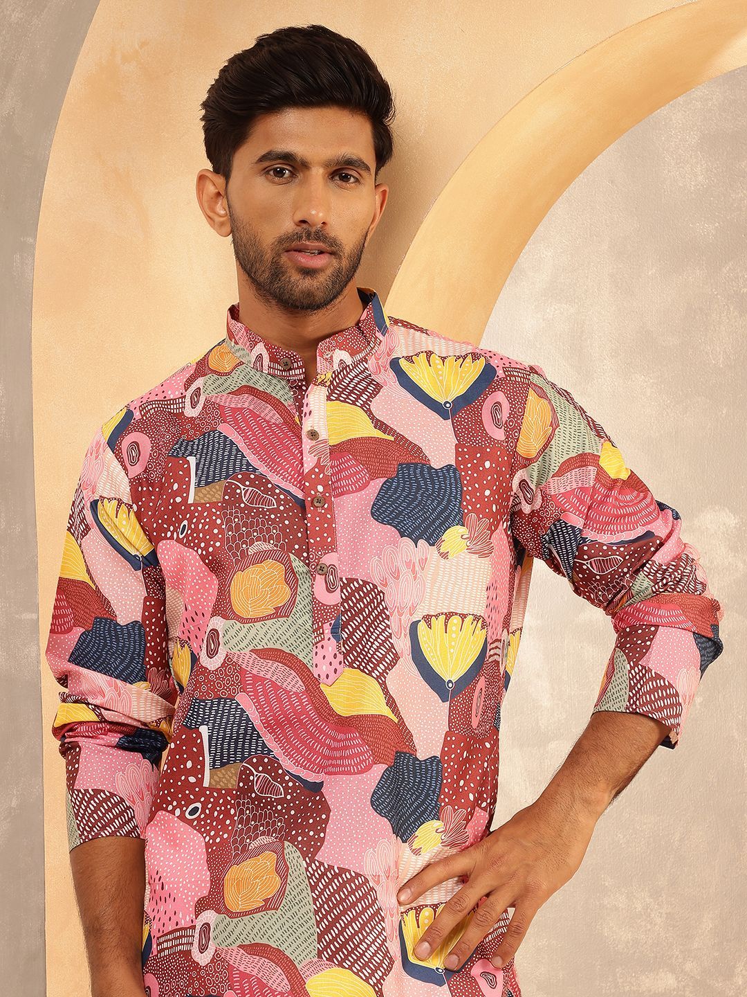Anouk Abstract Printed Band Collar Straight Cotton Linen Kurta