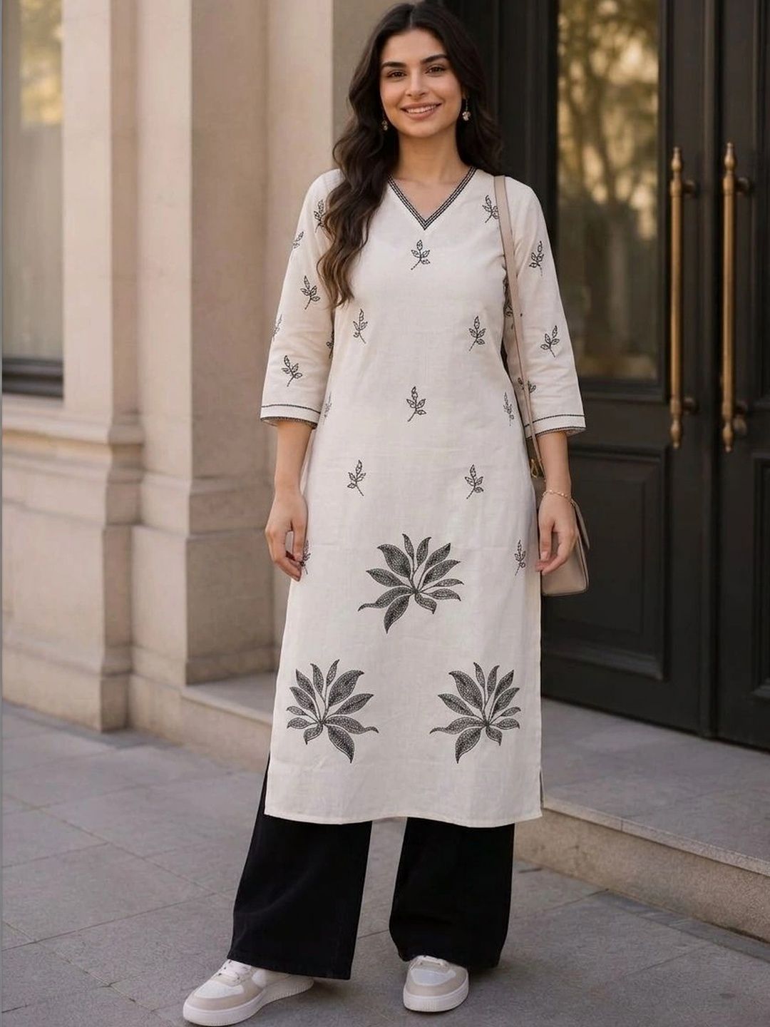 HOUSE OF AXI Botanical Embroidered V-Neck Pure Cotton Kurti