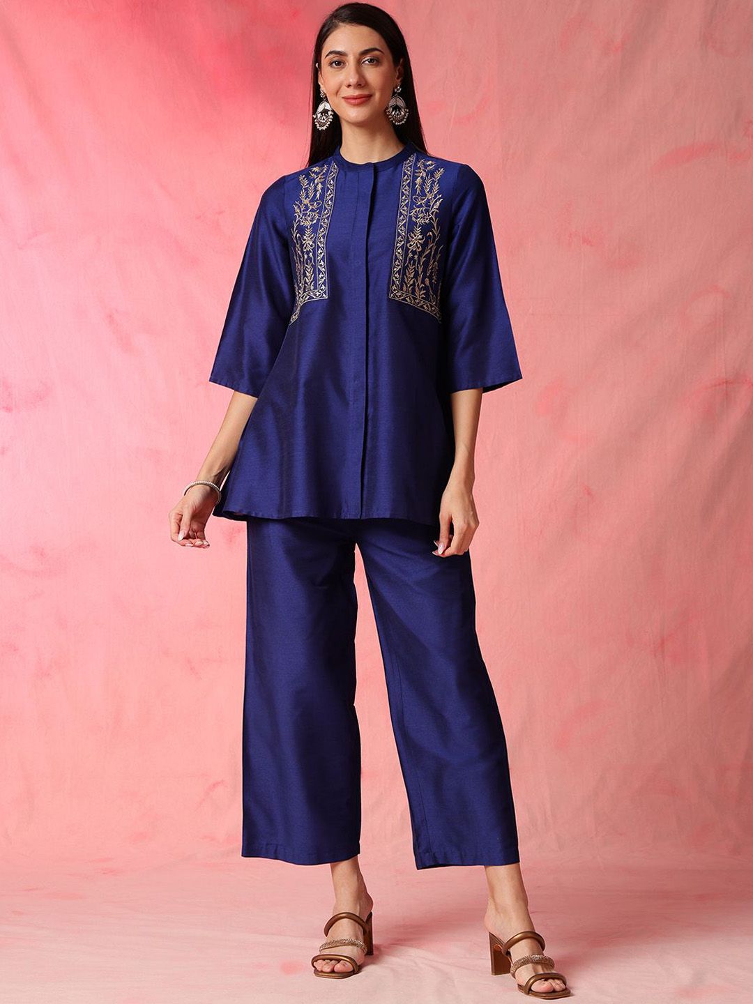 Anouk Blue Embroidered Mandarin Collar Top With Palazzos
