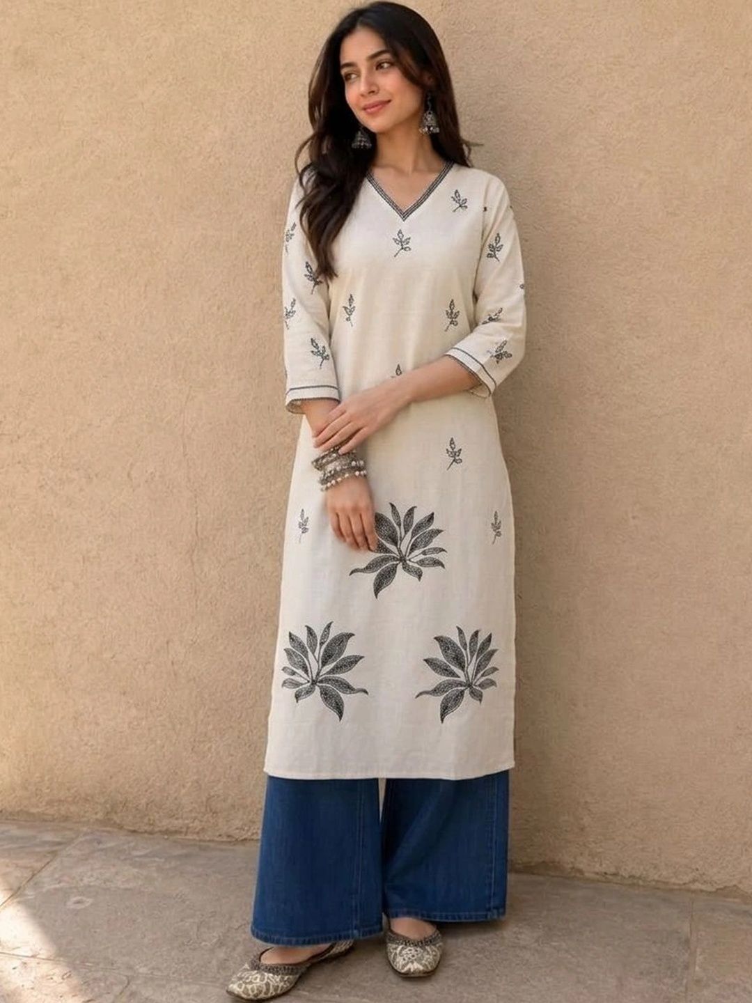 AXI COUTURE Floral Printed V-Neck Pure Cotton Kurti