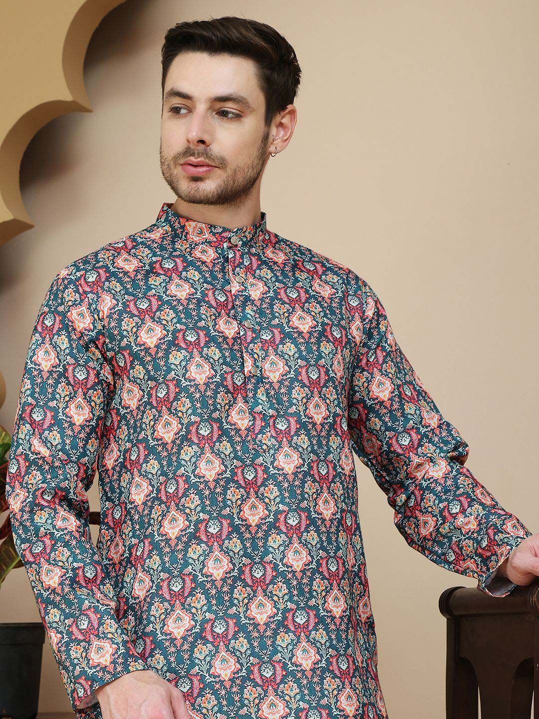 Anouk Floral Printed Band Collar Straight Kurta