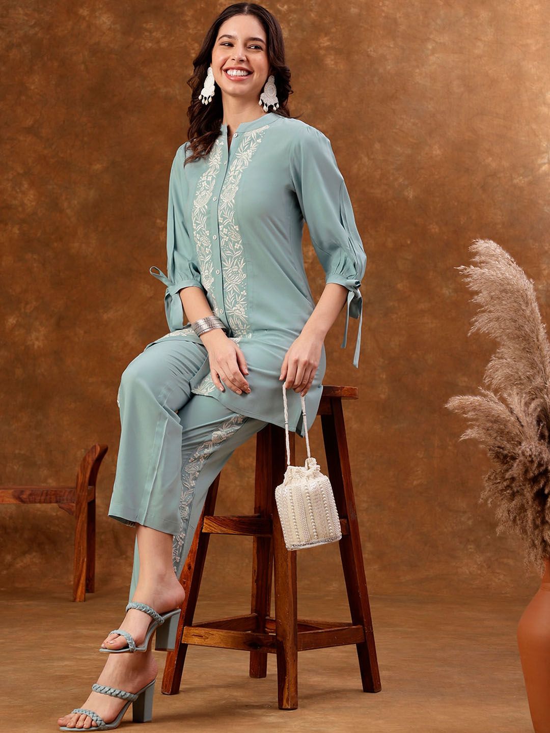 Blue Embroidered Silk Blend Tunic With Trousers deal from myntra