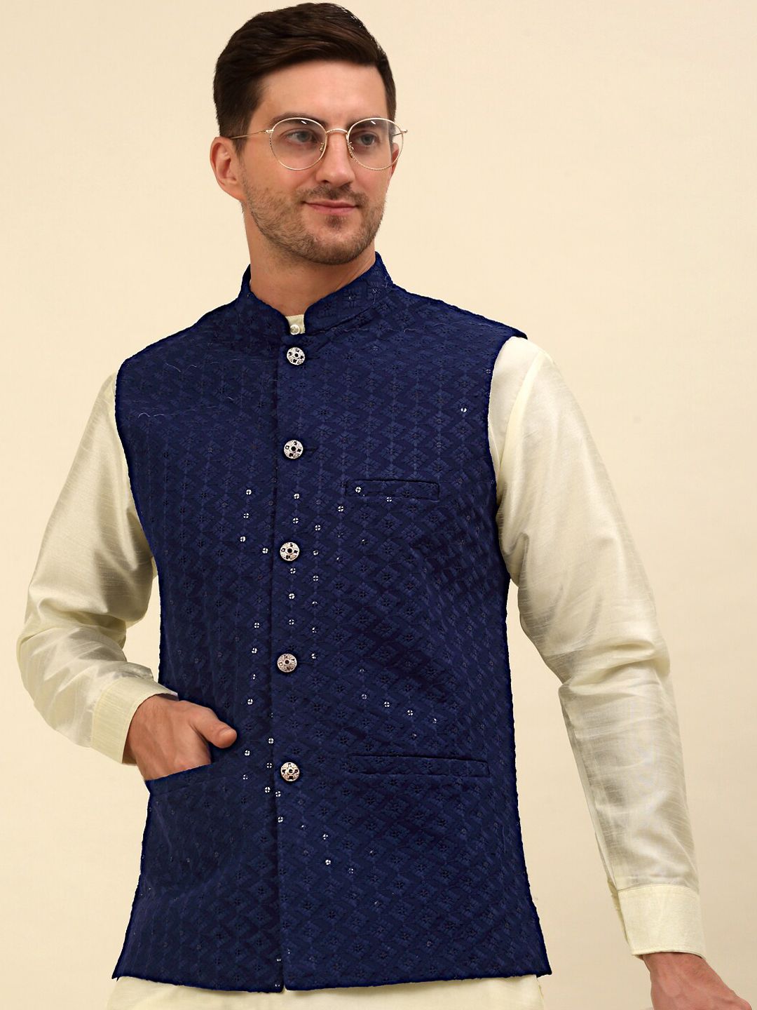Anouk Navy blue Embroidered Sequinned Nehru Jacket
