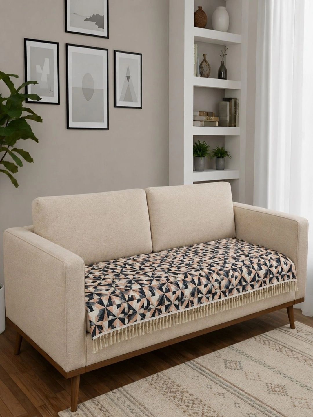 Homefab India Homefab India Black & Beige Printed 1 Piece Sofa Cover Without Arms