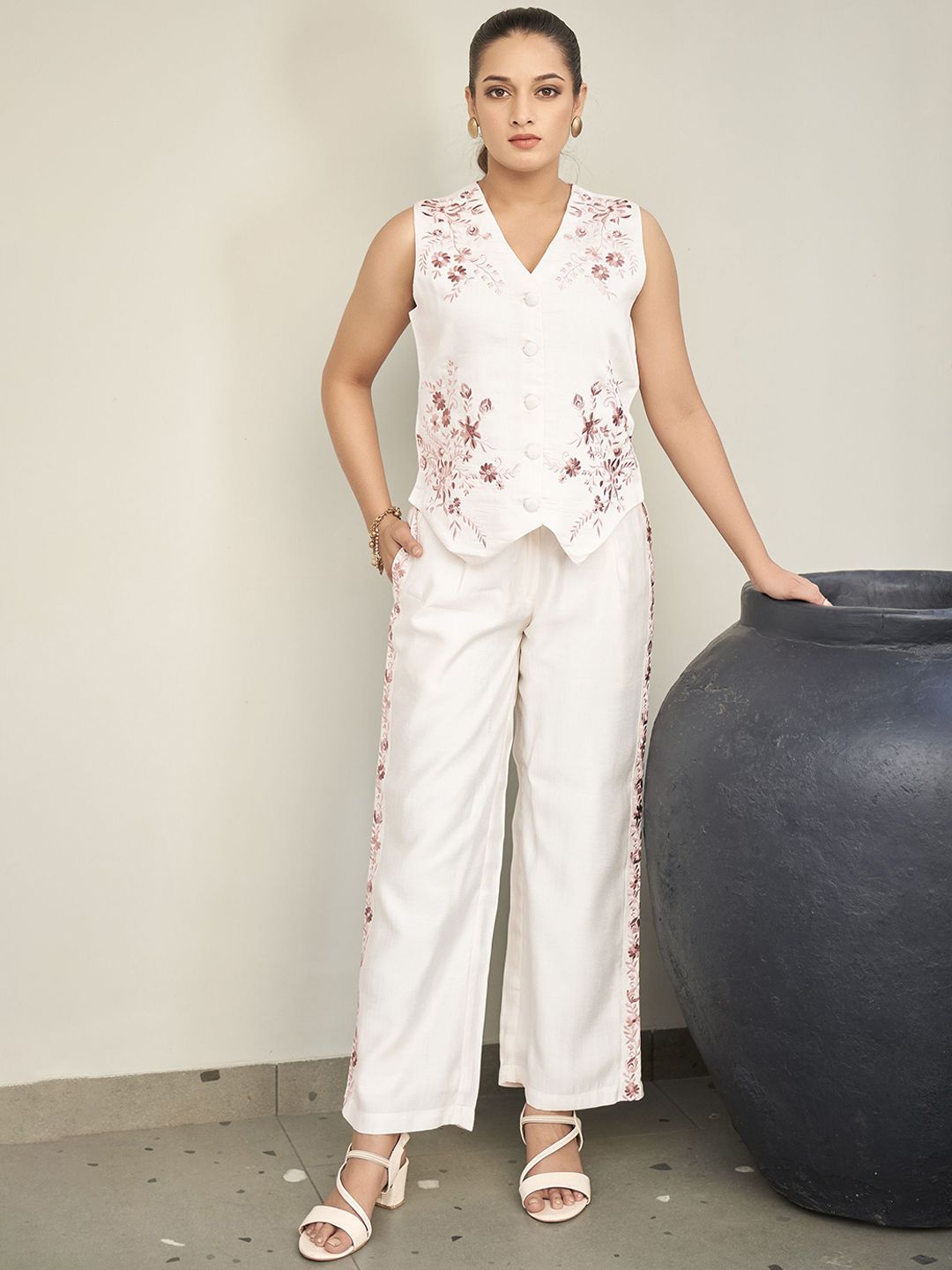 Anouk White Floral Embroidered V Neck Waistcoat With Trousers