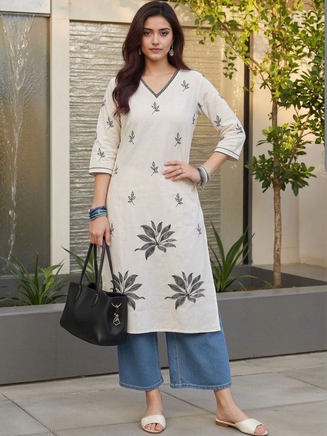 AXI COUTURE Botanical Embroidered V-Neck Pure Cotton Kurti