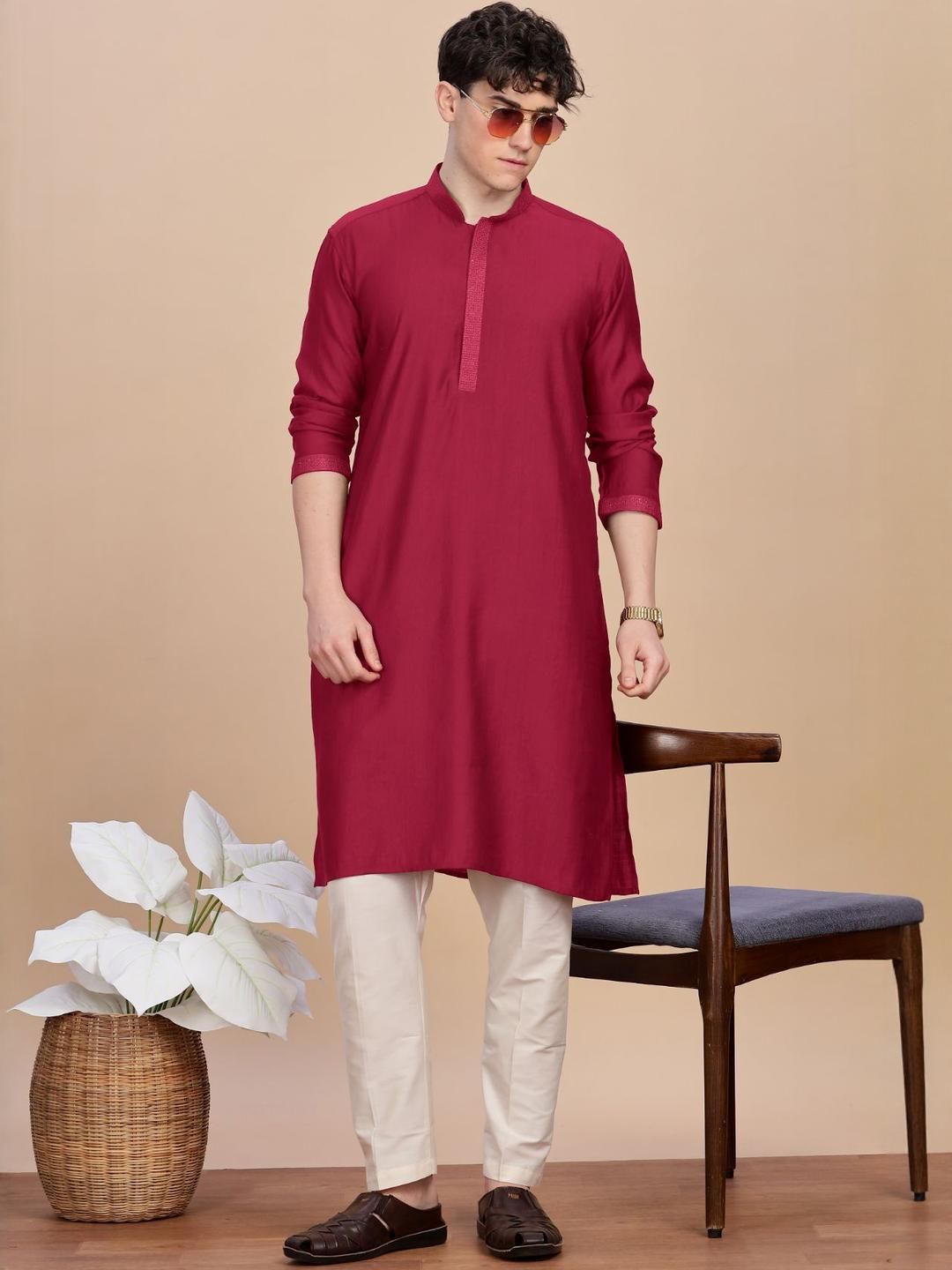 Anouk Men Button Patti Embroidery Straight Kurta