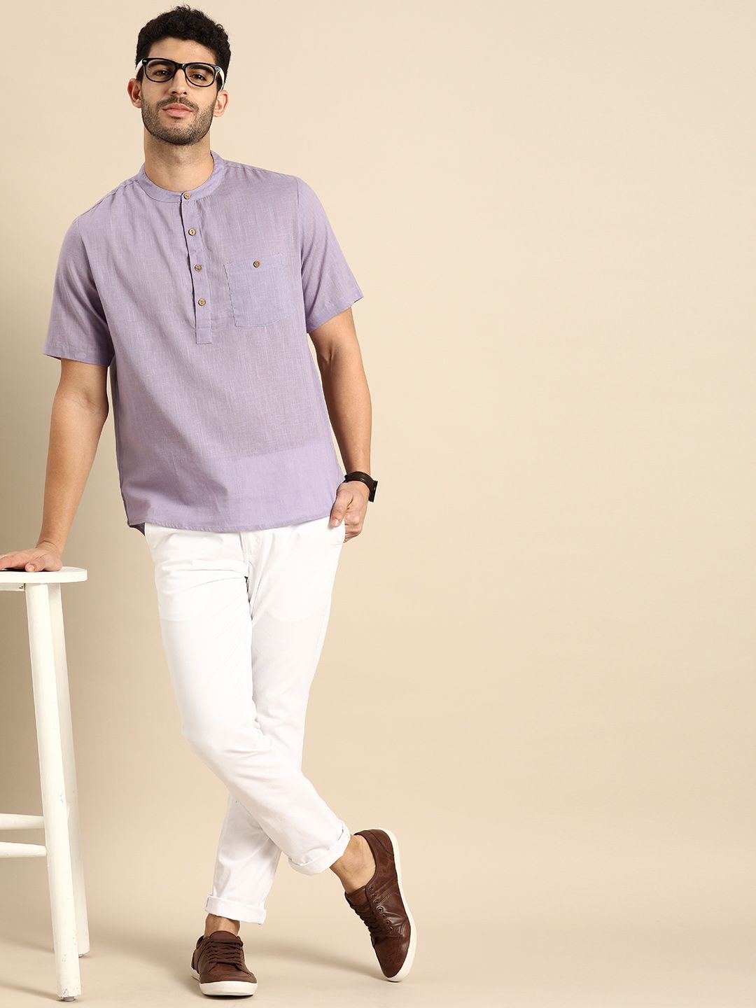 Anouk Men Lavender Cotton Textured Mandarin Collar Short Kurta with Pocket Detail