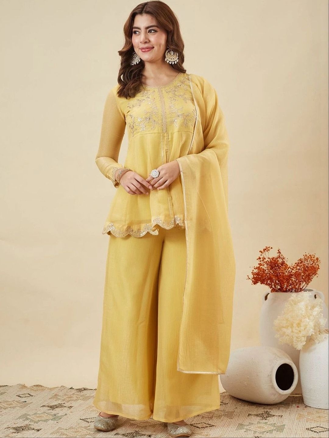 SACi Women Ethnic Motifs Embroidered Empire Silk Chiffon Kurta with Palazzos & With Dupatta