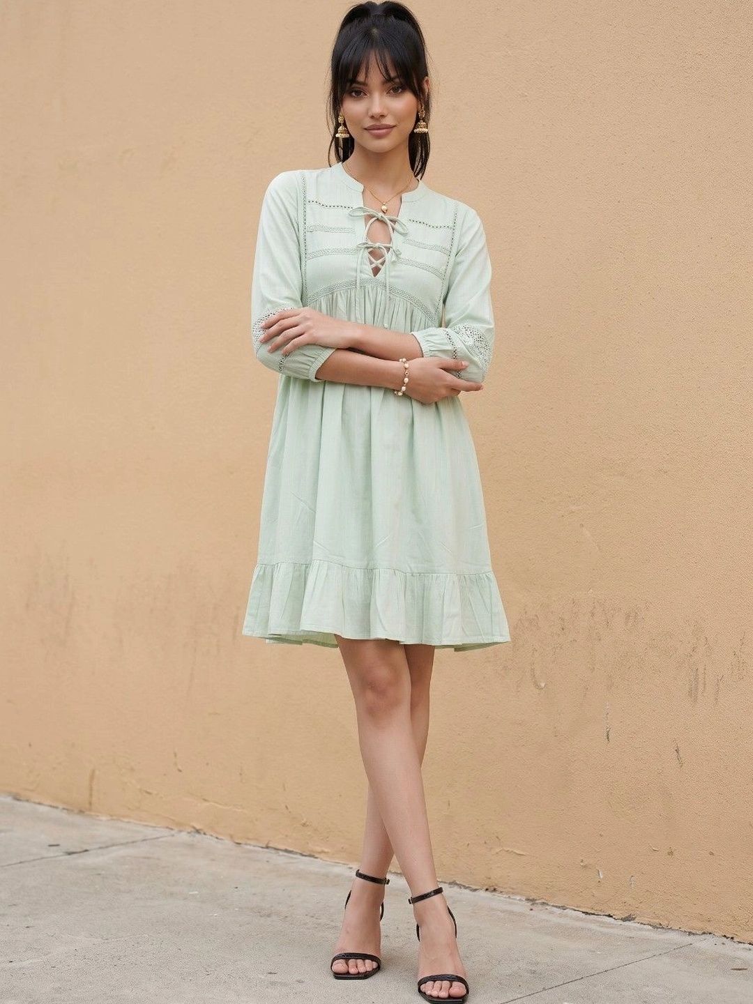 fusion by glitchez Tie-Up Neck Ruffled A-Line Dress