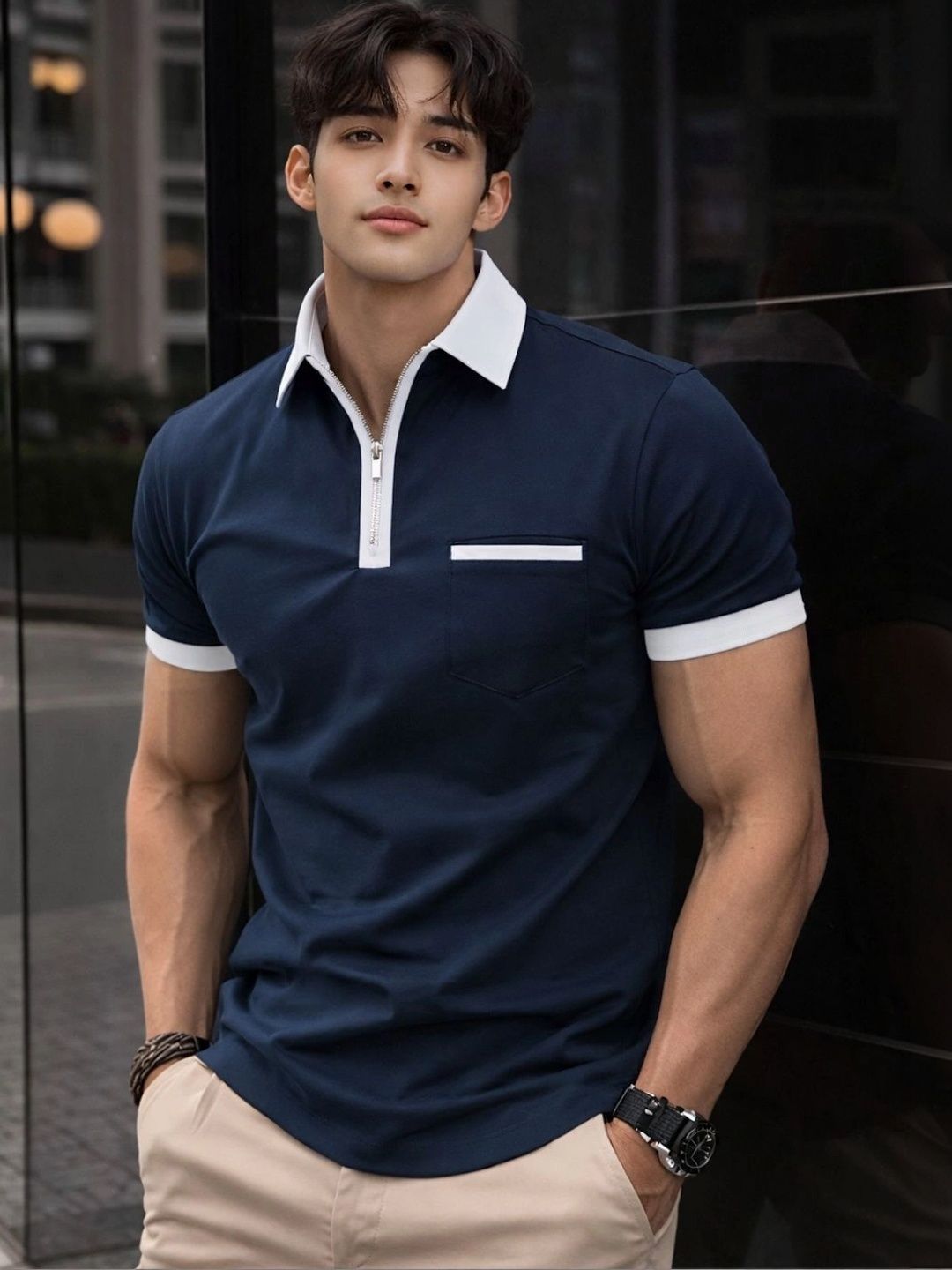 FLEXOTIC Men Polo Collar Pockets T-shirt