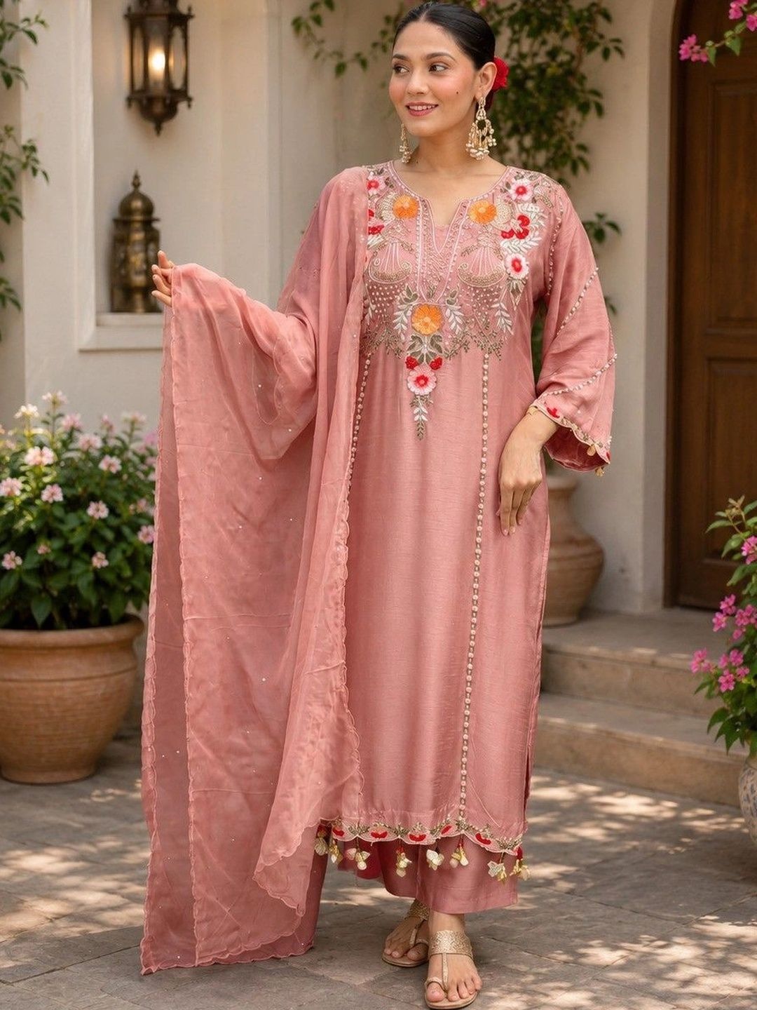 ANITYA Women Floral Embroidered Regular Thread Work Chanderi Cotton Kurta with Palazzos & With Dupatta