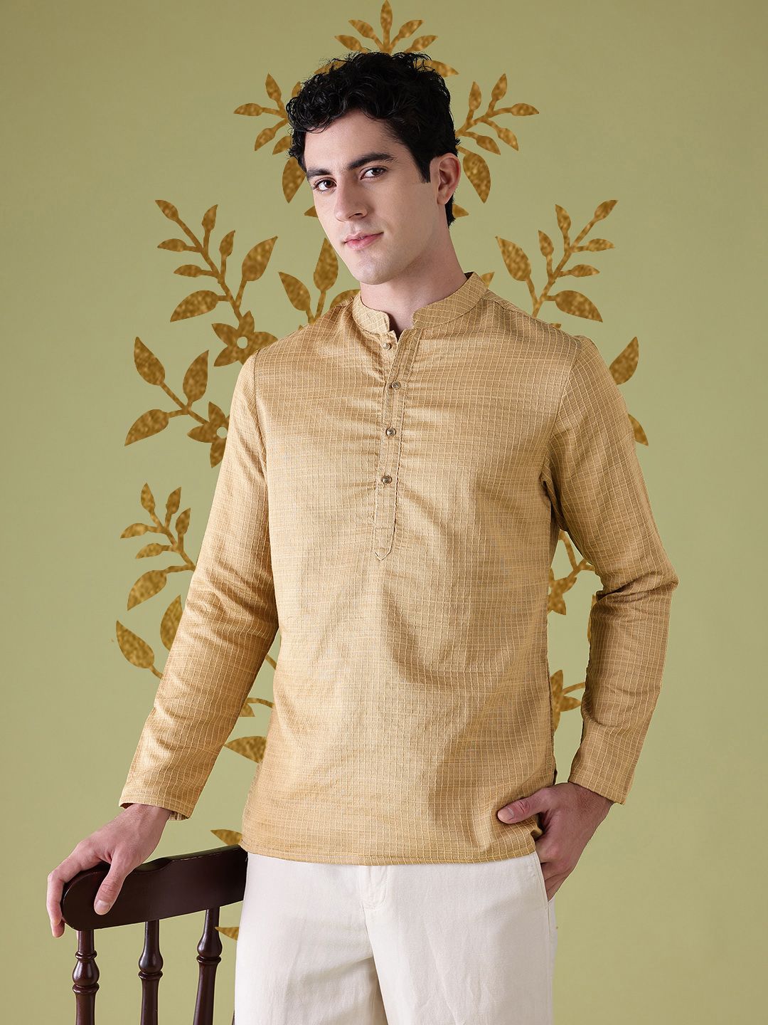 Anouk Self Striped Thread Work Mandarin Collar Straight Kurta