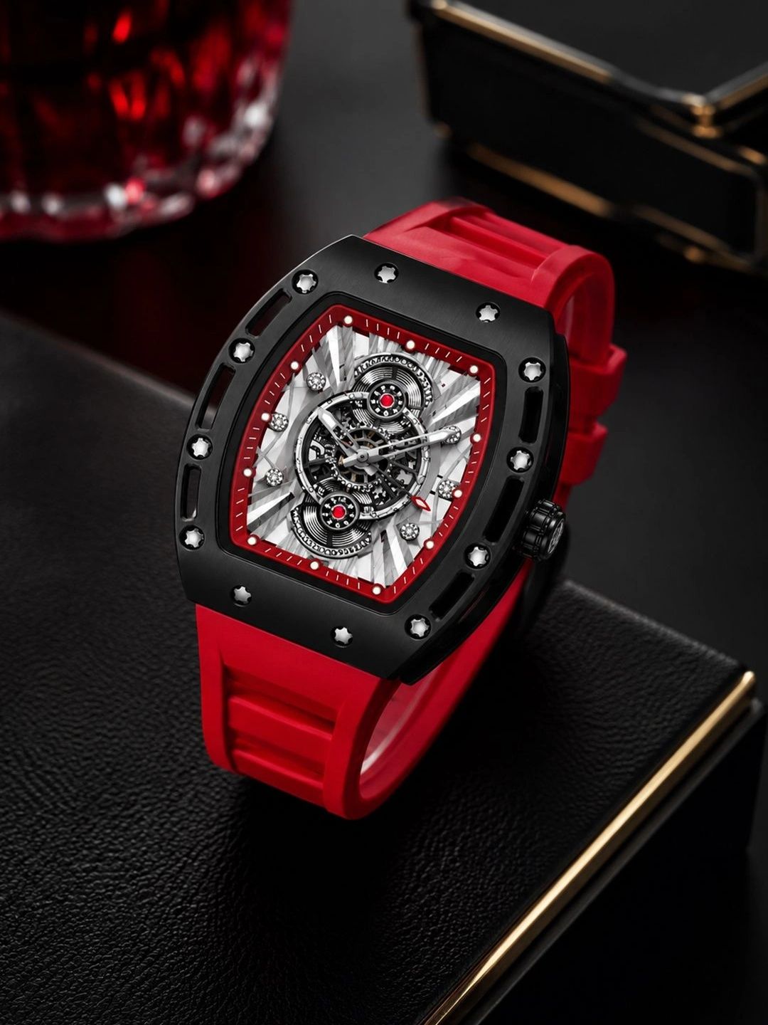 ZIVANCHE ZIVANCHE Unisex Skeleton Dial & Straps Analogue Chronograph Motion Powered Watch Rogue Crimson Red