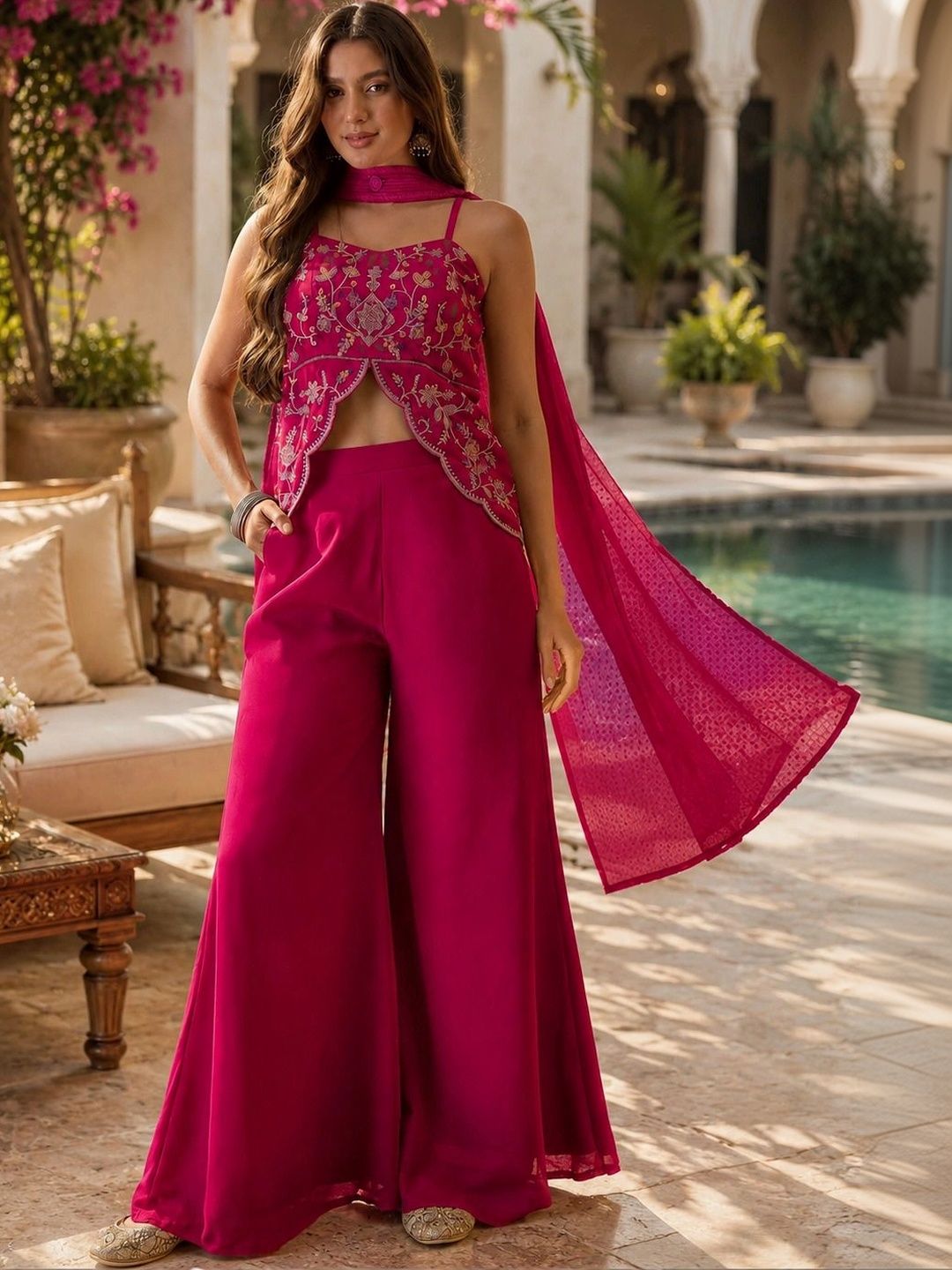 ANITYA Women Ethnic Motifs Embroidered Regular Thread Work Kurta with Palazzos & With Dupatta